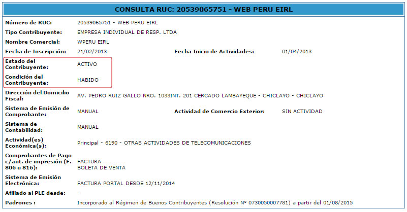 Ficha RUC WEB PERU EIRL Ficha RUC WEB PERU EIRL